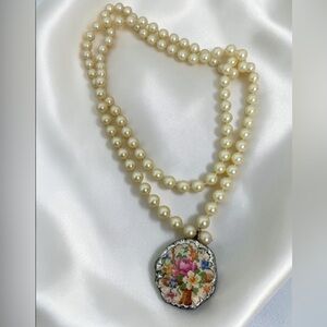 Silver Plated Broken China Floral Banquet Pendant Faux Pearl Necklace